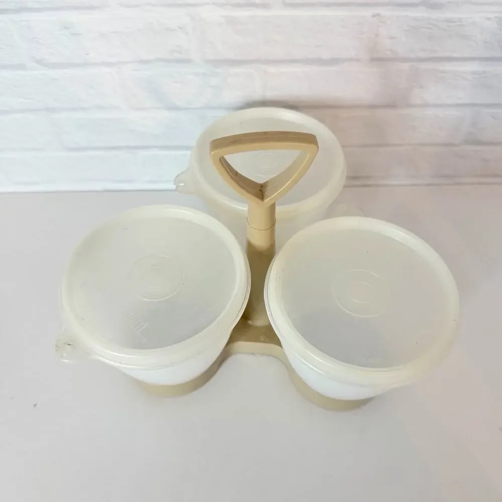 Vintage Tupperware Condiment Serving Caddy Almond 3 Containers Lids 757-2